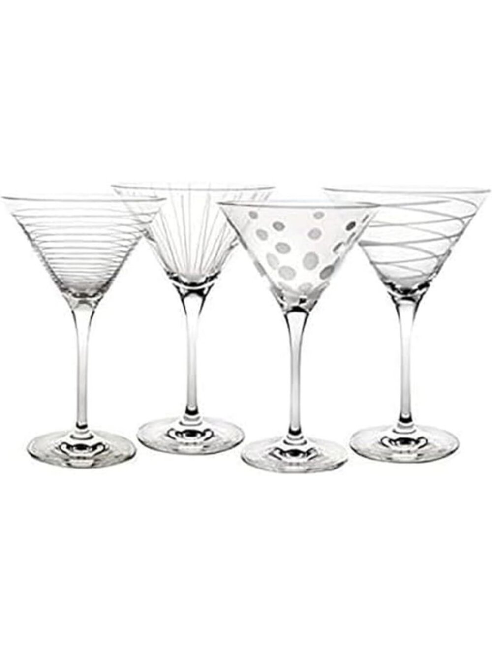 Set of 4 Durable Clear Martini Glasses with Fun Etched Designs - Perfect for